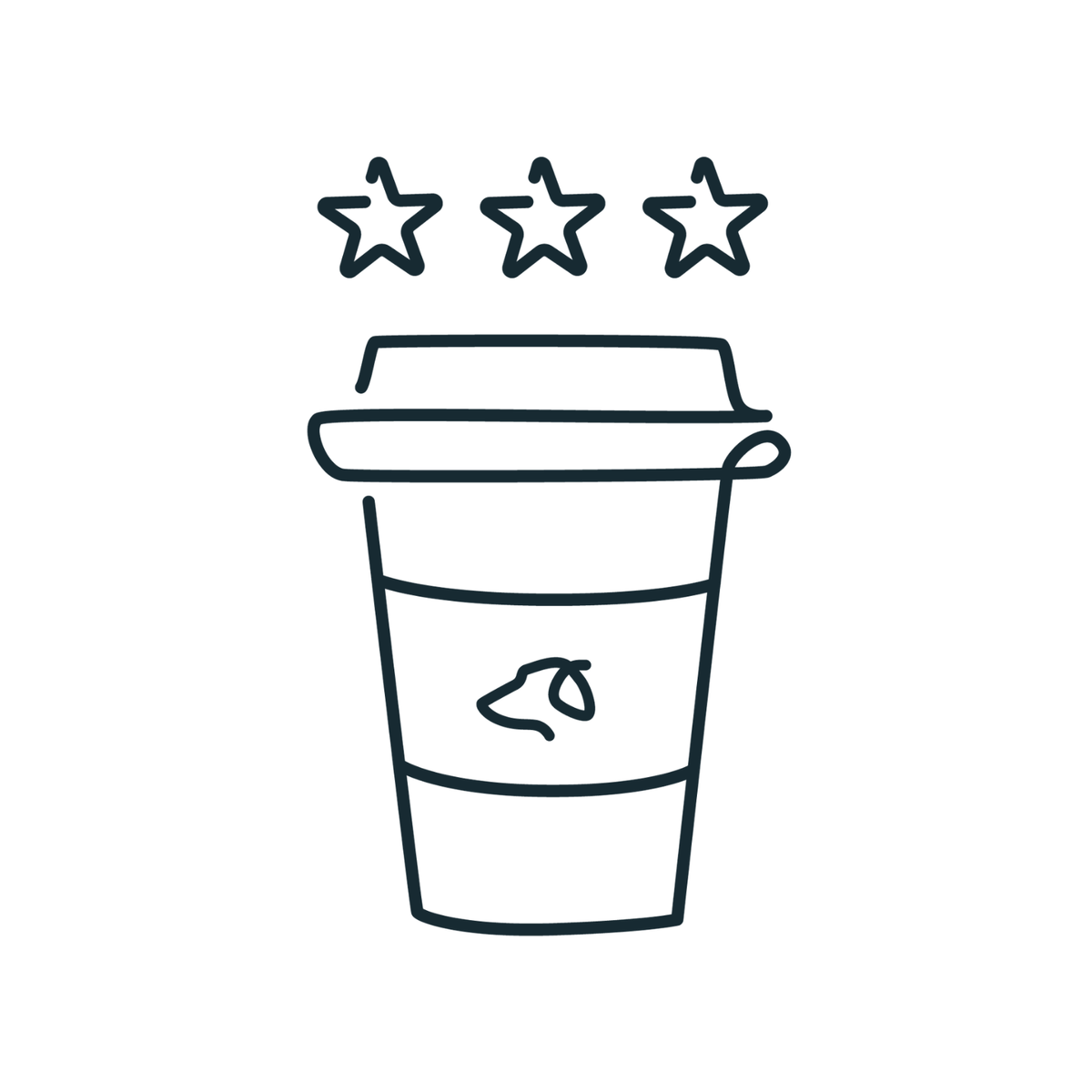 Line drawing of a takeaway coffee cup topped with three stars and a small dog silhouette on the sleeve.