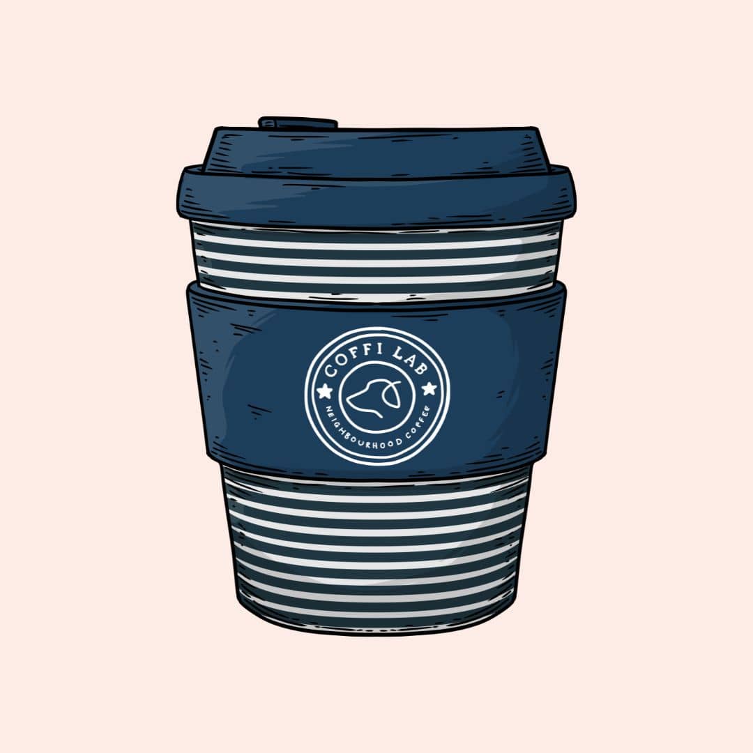 A reusable blue striped coffee cup with a lid and a logo reading “Coffi Lab Neighbourhood Coffee.”