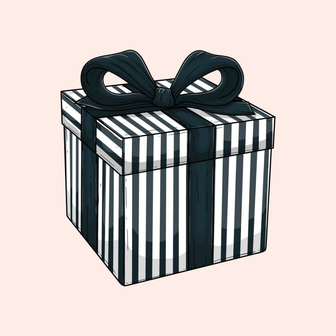 Gift box with black and white vertical stripes, topped with a large black bow.