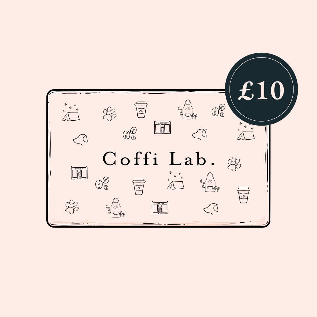 Coffi Lab £10 gift card featuring a pattern of coffee cups, paw prints, and camping icons.