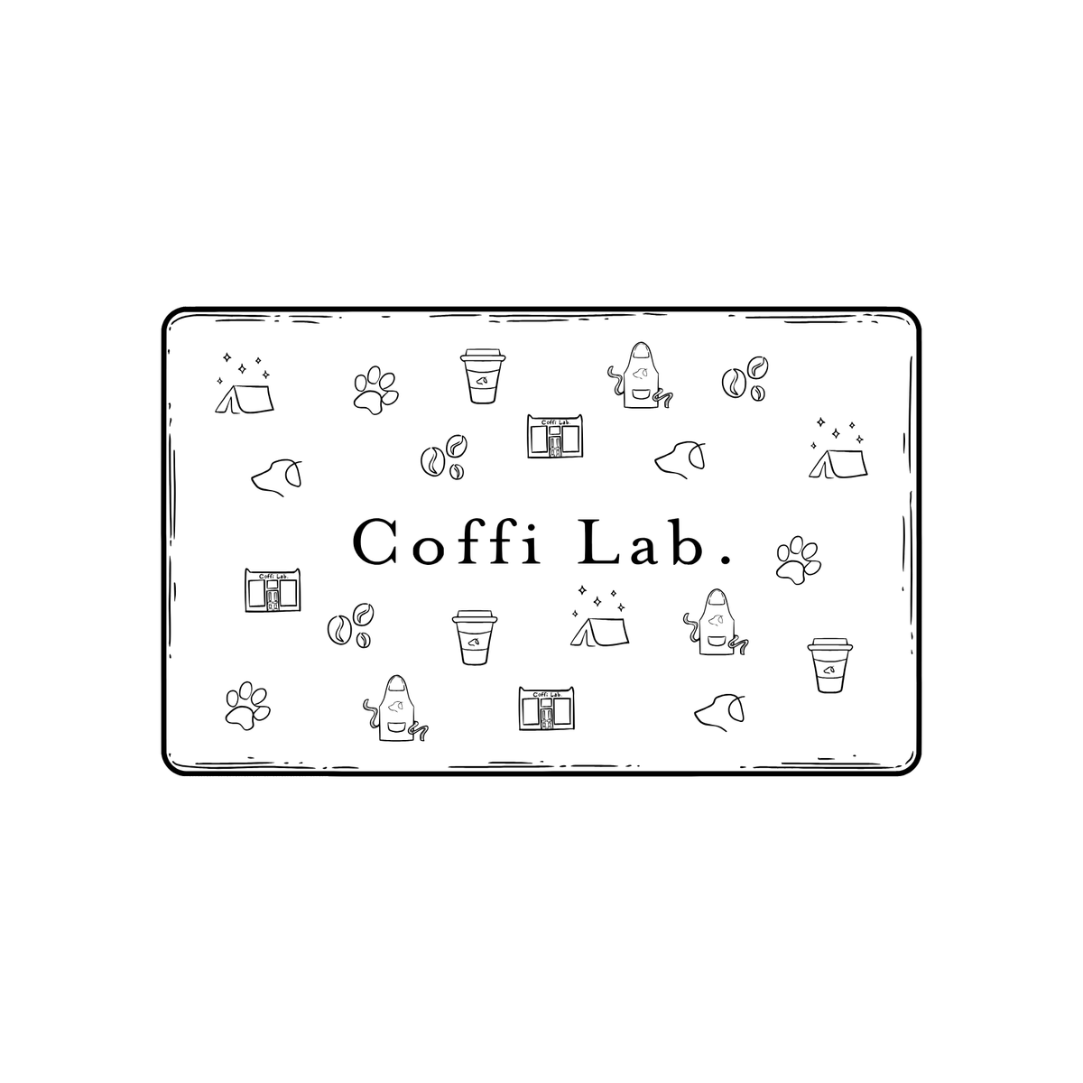 Coffi Lab. logo featuring coffee-related icons, paw prints, and tents in a line-art style.