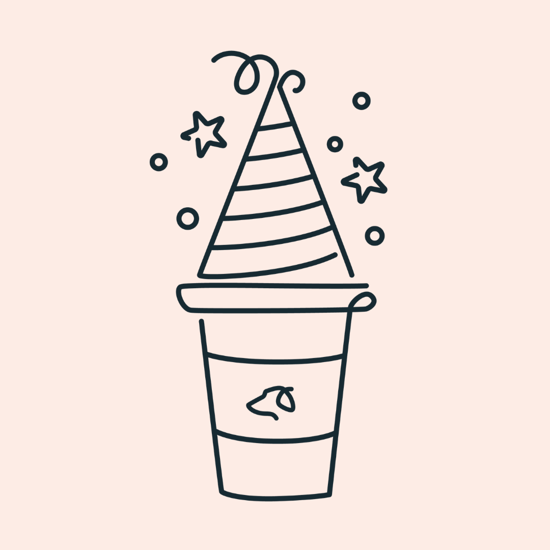 A line drawing of a disposable coffee cup wearing a striped party hat with stars and confetti.