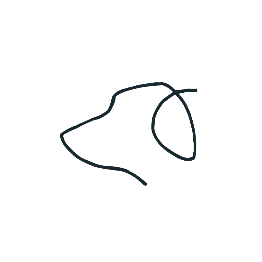 Minimalist line drawing of a dog’s head in profile.