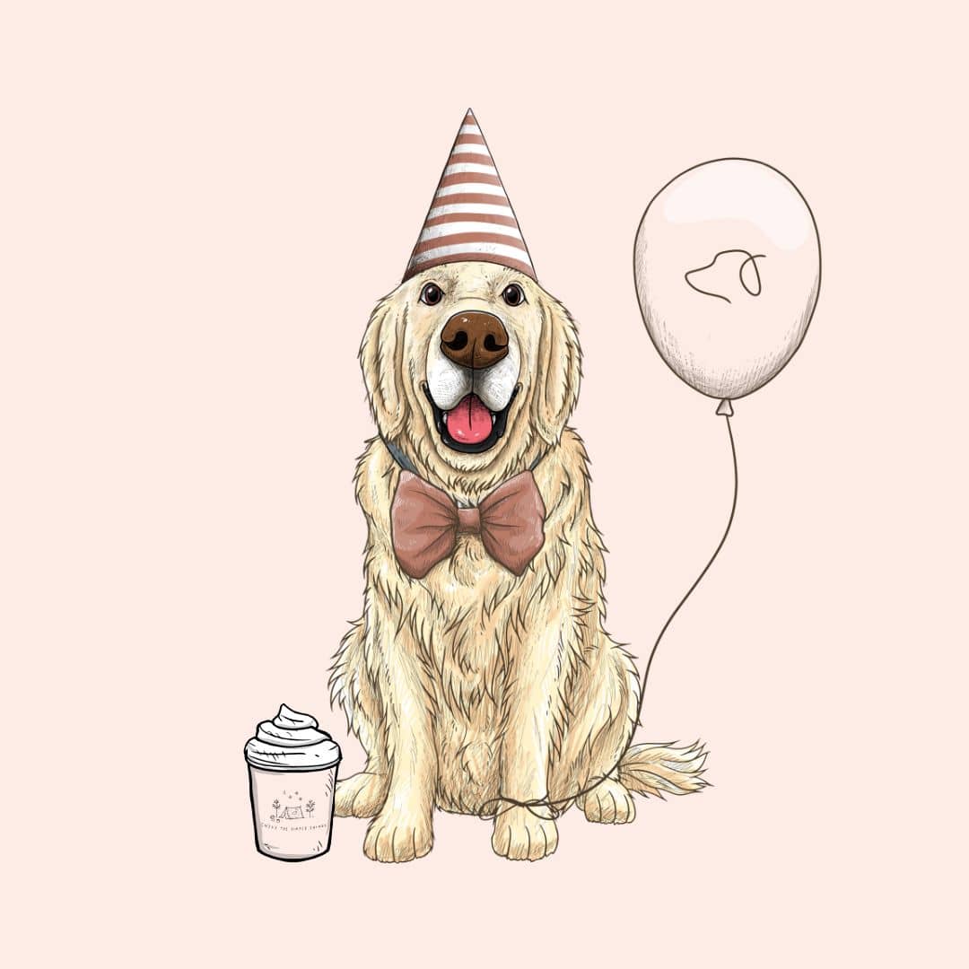A golden retriever wearing a party hat and bowtie sits next to a balloon and a cup of coffee.