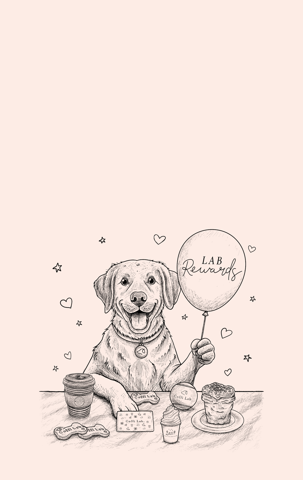 A line drawing of a smiling dog holding a balloon labeled “Lab Rewards,” sitting at a table with coffee, pastries, a rewards card, and dog treats.